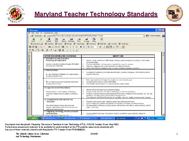 Maryland Teacher Technology Standards Developed from Maryland’s Preparing Tomorrow’s Teachers to Use Technology (PT