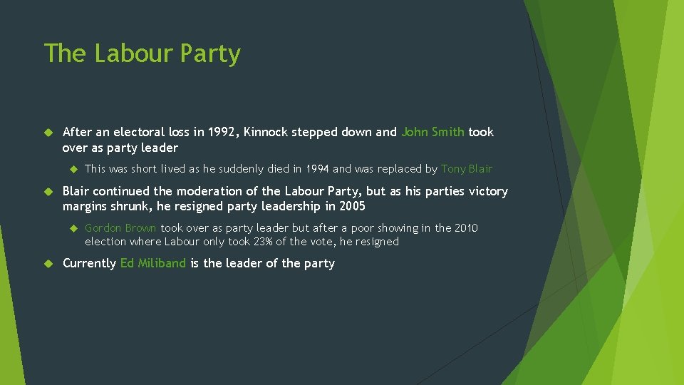 The Labour Party After an electoral loss in 1992, Kinnock stepped down and John
