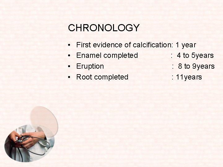 CHRONOLOGY • • First evidence of calcification: 1 year Enamel completed : 4 to