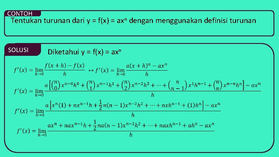 CONTOH Tentukan turunan dari y = f(x) = axn dengan menggunakan definisi turunan SOLUSI