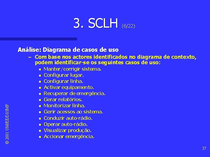 3. SCLH (6/22) Análise: Diagrama de casos de uso – Com base nos actores