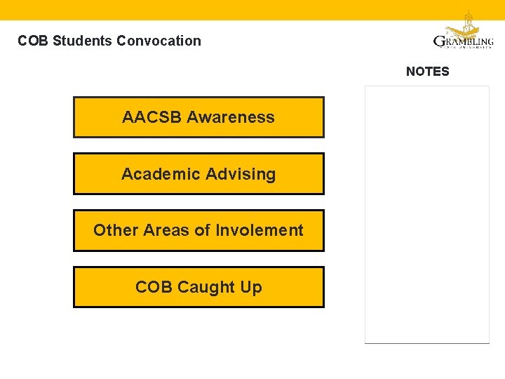 COB Students Convocation NOTES AACSB Awareness Academic Advising Other Areas of Involement COB Caught