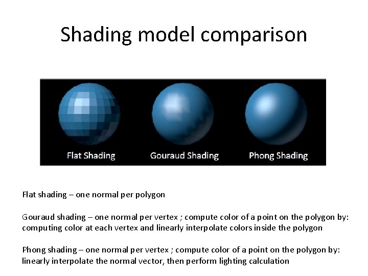 Shading model comparison Flat shading – one normal per polygon Gouraud shading – one