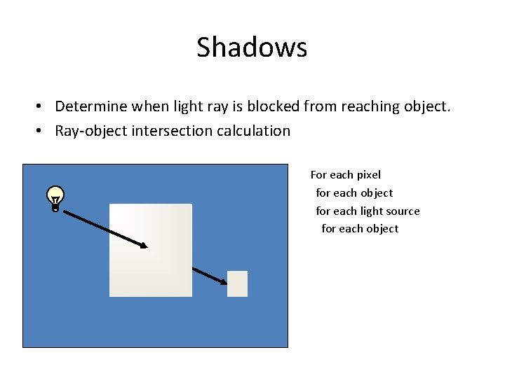 Shadows • Determine when light ray is blocked from reaching object. • Ray‐object intersection