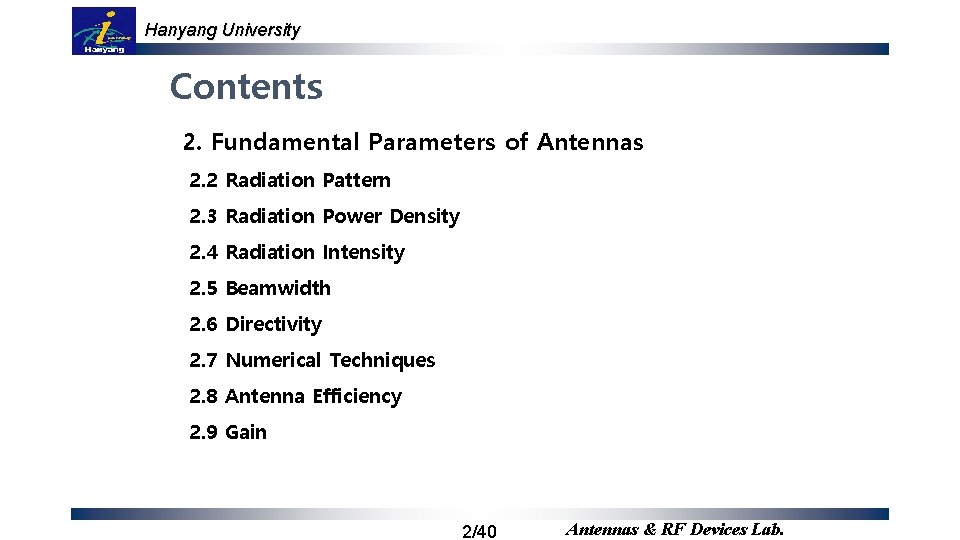 Hanyang University Contents 2. Fundamental Parameters of Antennas 2. 2 Radiation Pattern 2. 3