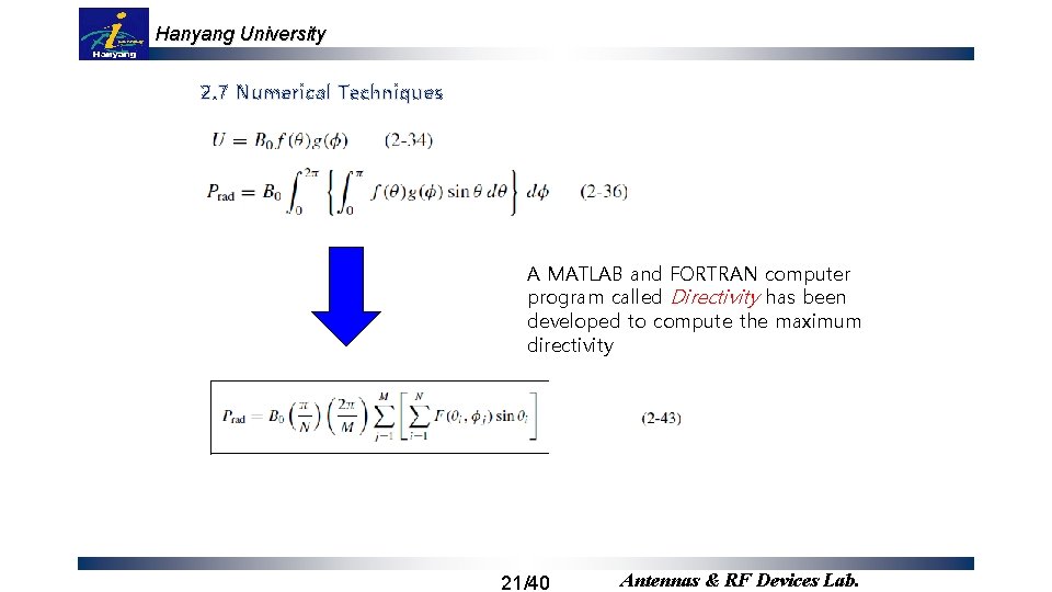 Hanyang University 2. 7 Numerical Techniques A MATLAB and FORTRAN computer program called Directivity