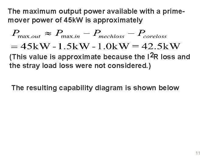 The maximum output power available with a primemover power of 45 k. W is