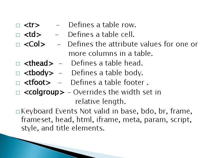 - Defines a table row. � - Defines a table cell. � - Defines