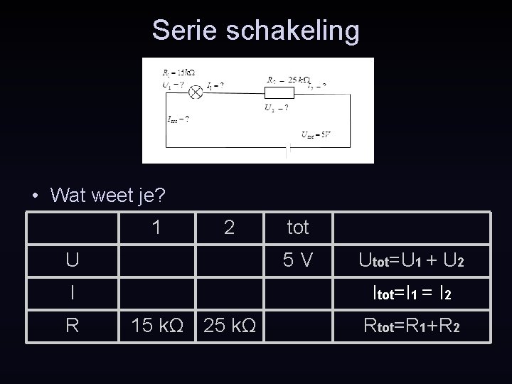 Serie schakeling • Wat weet je? 1 2 U 5 V I R tot