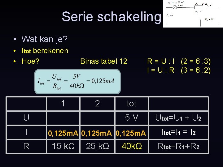 Serie schakeling • Wat kan je? • Itot berekenen • Hoe? 1 Binas tabel