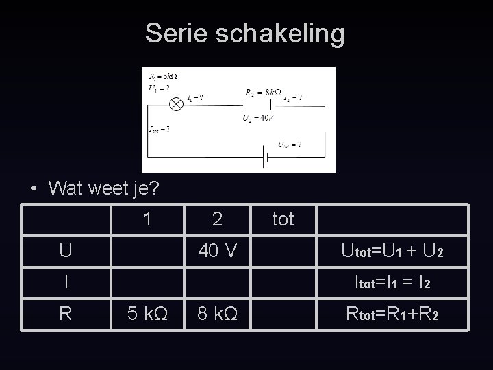 Serie schakeling • Wat weet je? 1 U 2 40 V I R tot