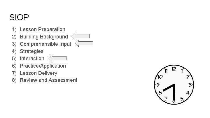 SIOP 1) 2) 3) 4) 5) 6) 7) 8) Lesson Preparation Building Background Comprehensible