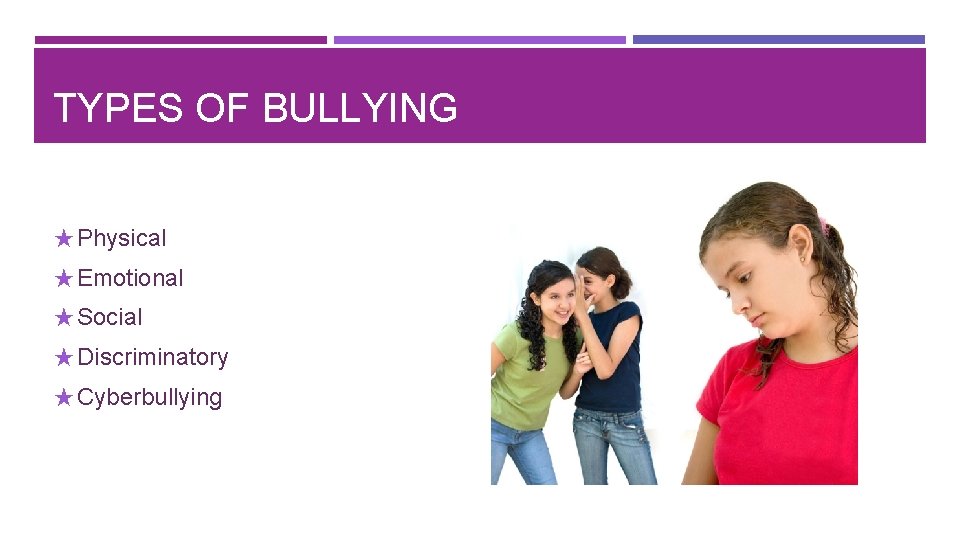 TYPES OF BULLYING ★ Physical ★ Emotional ★ Social ★ Discriminatory ★ Cyberbullying 