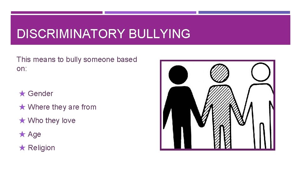 DISCRIMINATORY BULLYING This means to bully someone based on: ★ Gender ★ Where they