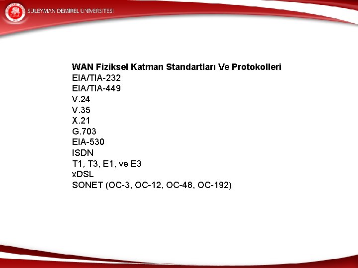 WAN Fiziksel Katman Standartları Ve Protokolleri EIA/TIA-232 EIA/TIA-449 V. 24 V. 35 X. 21