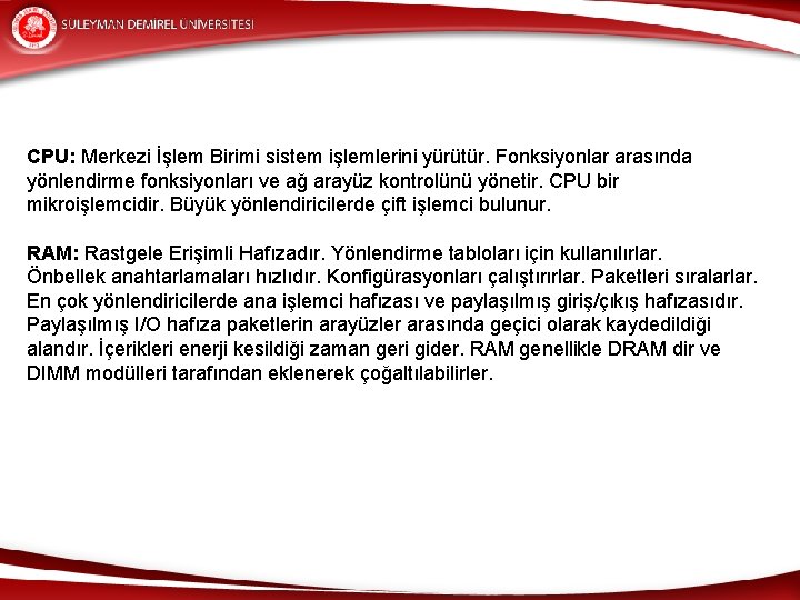 CPU: Merkezi İşlem Birimi sistem işlemlerini yürütür. Fonksiyonlar arasında yönlendirme fonksiyonları ve ağ arayüz