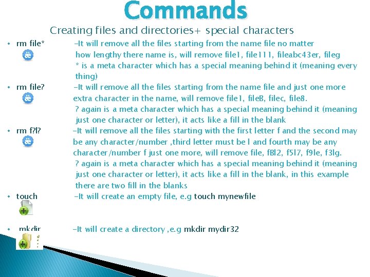 Commands • rm file* • rm file? • rm f? l? • touch •