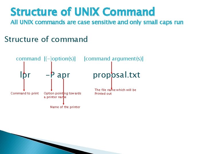 Structure of UNIX Command All UNIX commands are case sensitive and only small caps