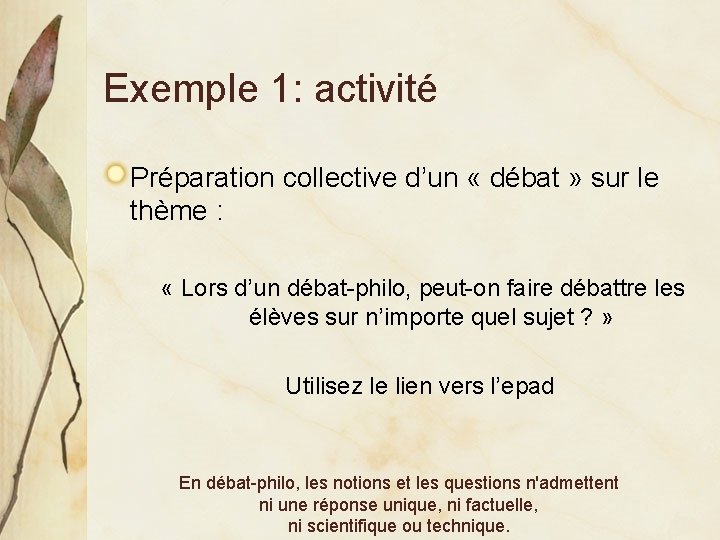 Exemple 1: activité Préparation collective d’un « débat » sur le thème : «