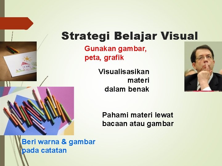 Strategi Belajar Visual Gunakan gambar, peta, grafik Visualisasikan materi dalam benak Pahami materi lewat