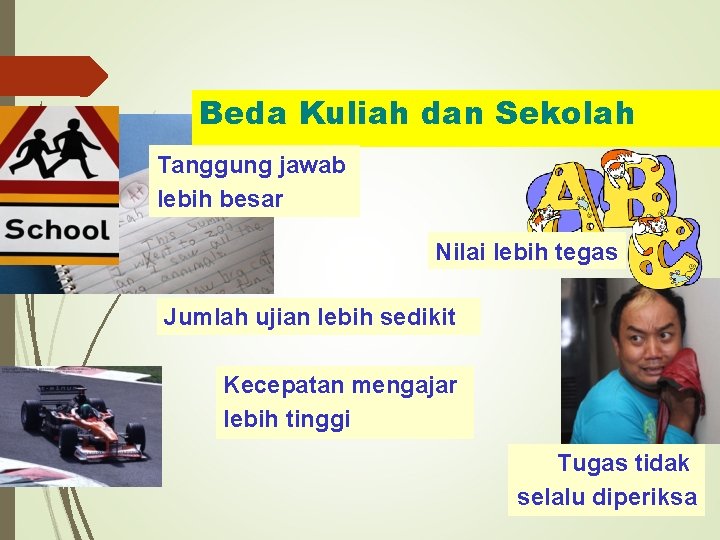 Beda Kuliah dan Sekolah Tanggung jawab lebih besar Nilai lebih tegas Jumlah ujian lebih