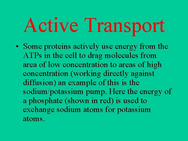 Active Transport • Some proteins actively use energy from the ATPs in the cell