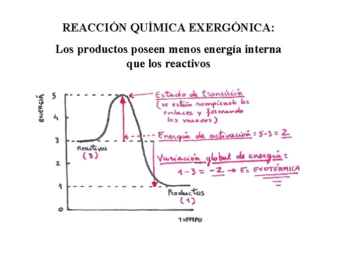 REACCIÓN QUÍMICA EXERGÓNICA: Los productos poseen menos energía interna que los reactivos 