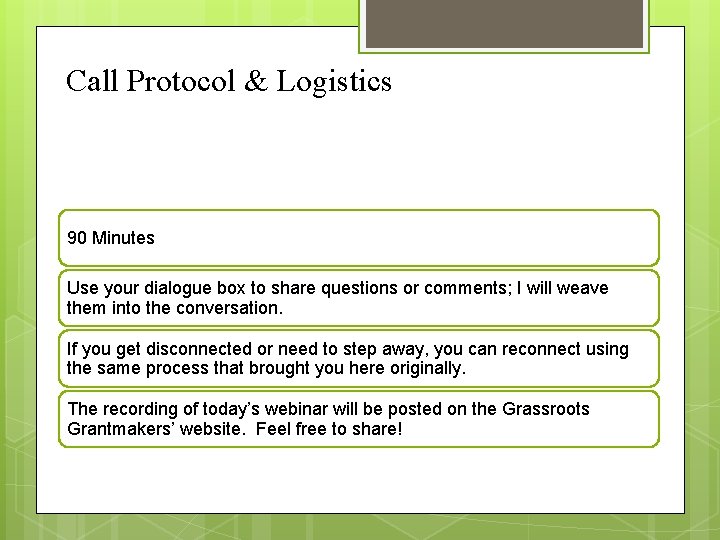 Call Protocol & Logistics 90 Minutes Use your dialogue box to share questions or