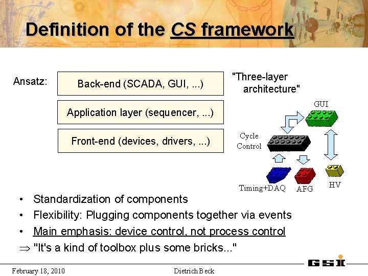 Definition of the CS framework Ansatz: Back-end (SCADA, GUI, . . . ) "Three-layer