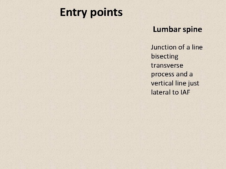 Entry points Lumbar spine Junction of a line bisecting transverse process and a vertical