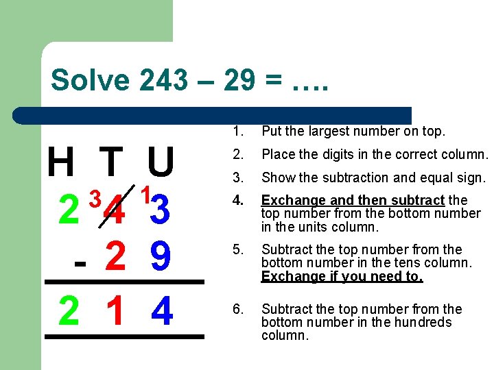 Solve 243 – 29 = …. H T U 3 1 2 4 3