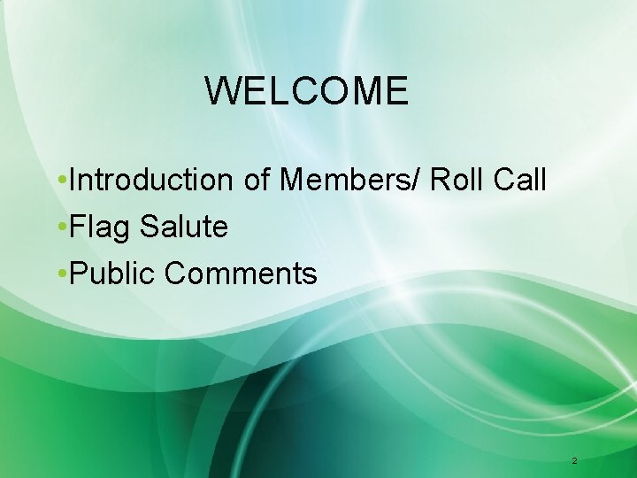 WELCOME • Introduction of Members/ Roll Call • Flag Salute • Public Comments 2