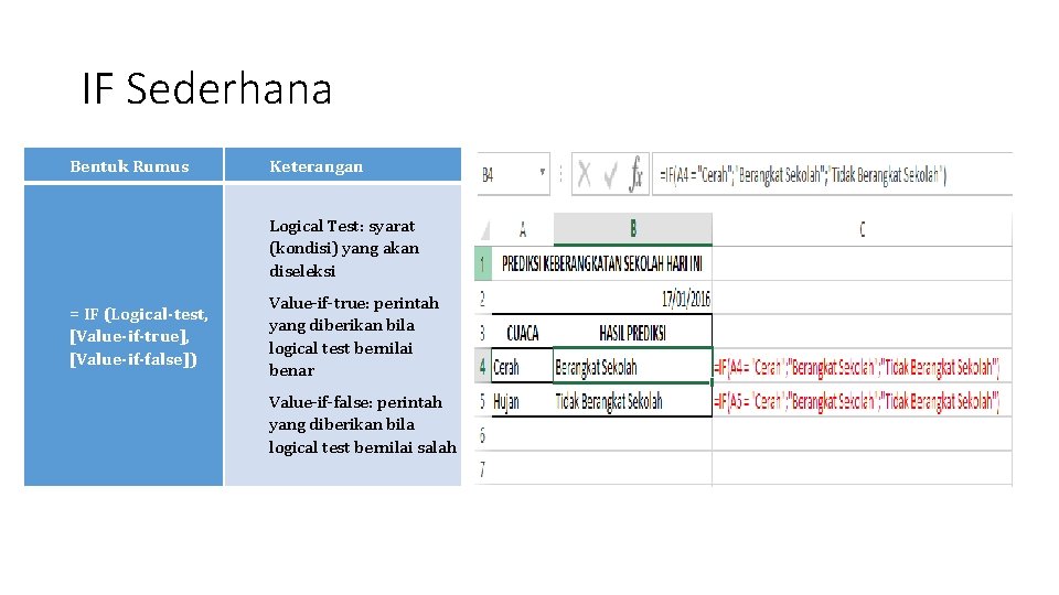 IF Sederhana Bentuk Rumus Keterangan Logical Test: syarat (kondisi) yang akan diseleksi = IF