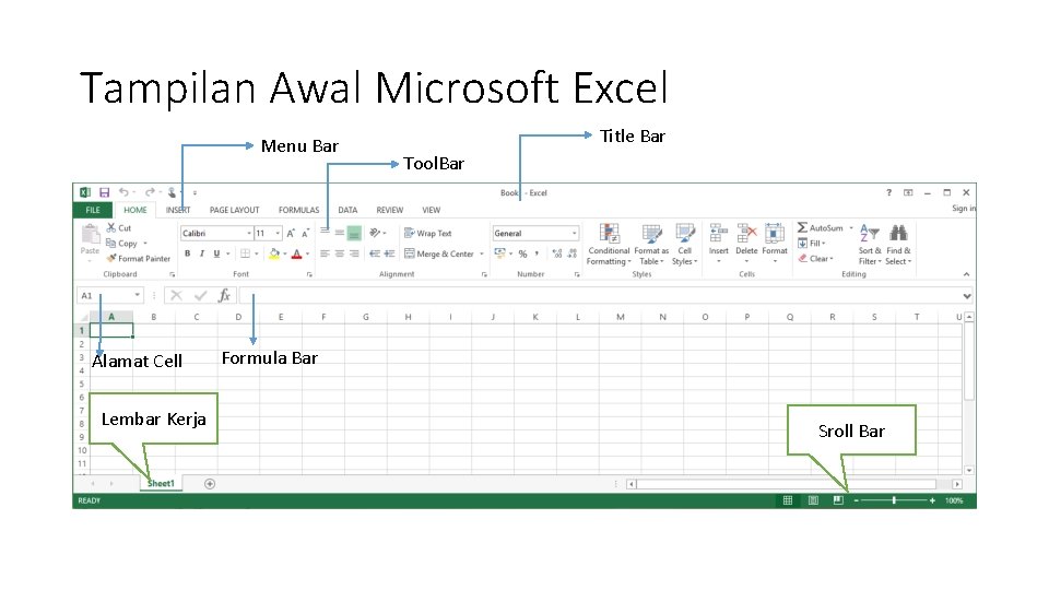 Tampilan Awal Microsoft Excel Menu Bar Alamat Cell Lembar Kerja Title Bar Tool. Bar