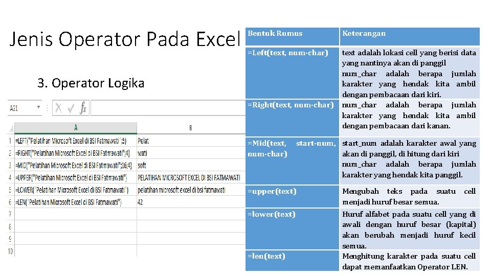 Jenis Operator Pada Excel 3. Operator Logika Bentuk Rumus Keterangan =Left(text, num-char) text adalah