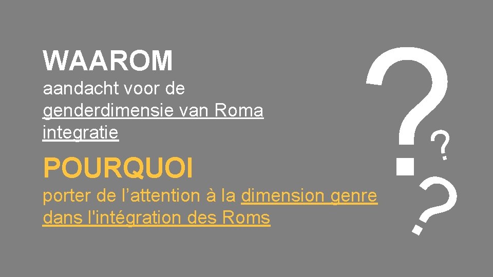 WAAROM aandacht voor de genderdimensie van Roma integratie POURQUOI ? ? porter de l’attention