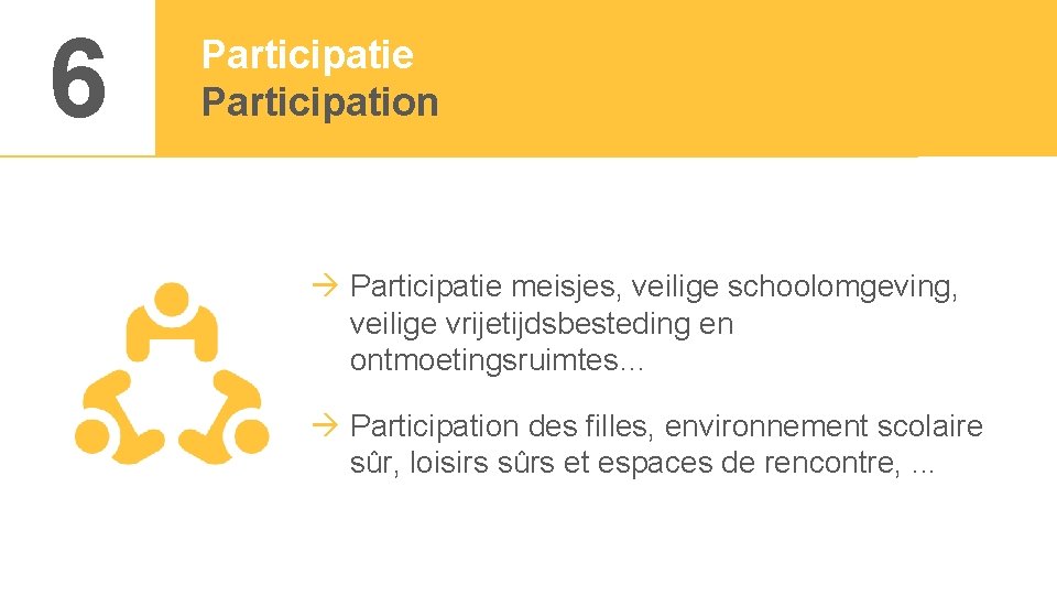 6 Participatie Participation Participatie meisjes, veilige schoolomgeving, veilige vrijetijdsbesteding en ontmoetingsruimtes… Participation des filles,