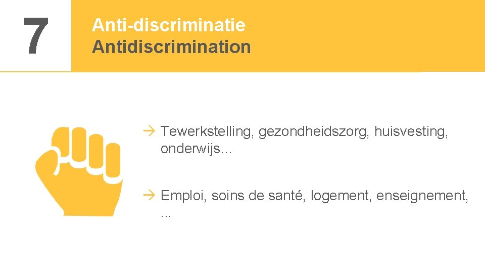 7 Anti-discriminatie Antidiscrimination Tewerkstelling, gezondheidszorg, huisvesting, onderwijs… Emploi, soins de santé, logement, enseignement, .