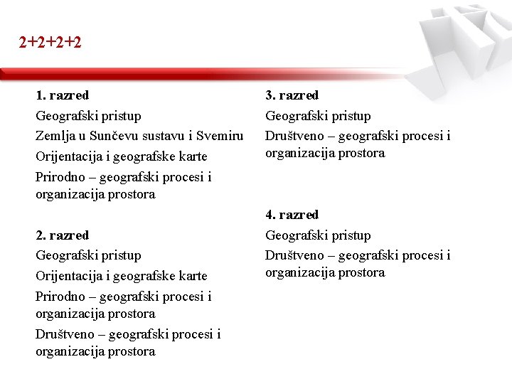 2+2+2+2 1. razred Geografski pristup Zemlja u Sunčevu sustavu i Svemiru Orijentacija i geografske