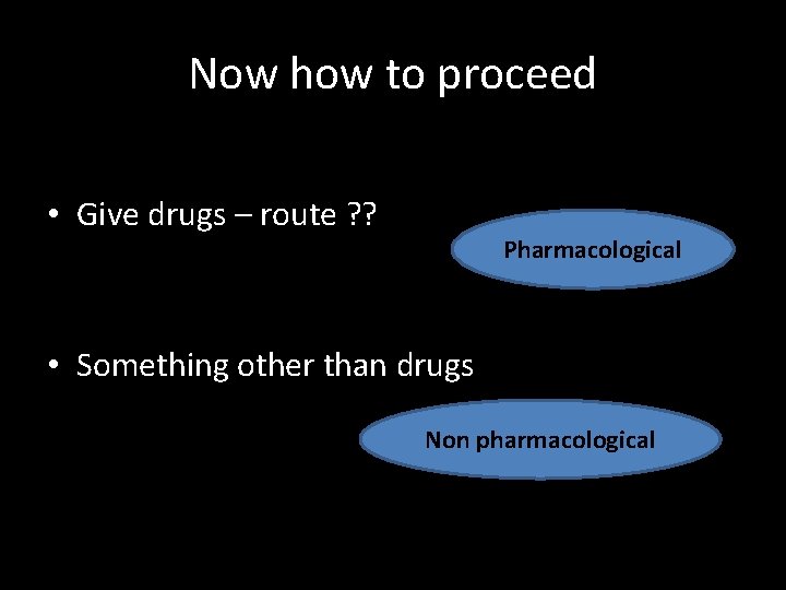 Now how to proceed • Give drugs – route ? ? Pharmacological • Something