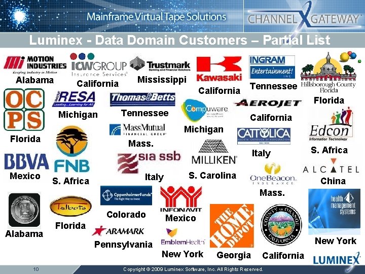 Luminex - Data Domain Customers – Partial List Alabama California Michigan California Tennessee Florida
