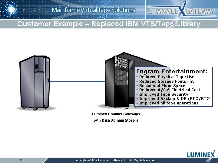 Customer Example – Replaced IBM VTS/Tape Library Ingram Entertainment: • • Reduced Physical Tape