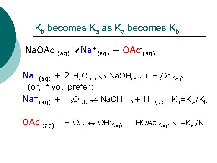 Kb becomes Ka as Ka becomes Kb Na. OAc (aq) Na+(aq) + OAc-(aq) Na+(aq)