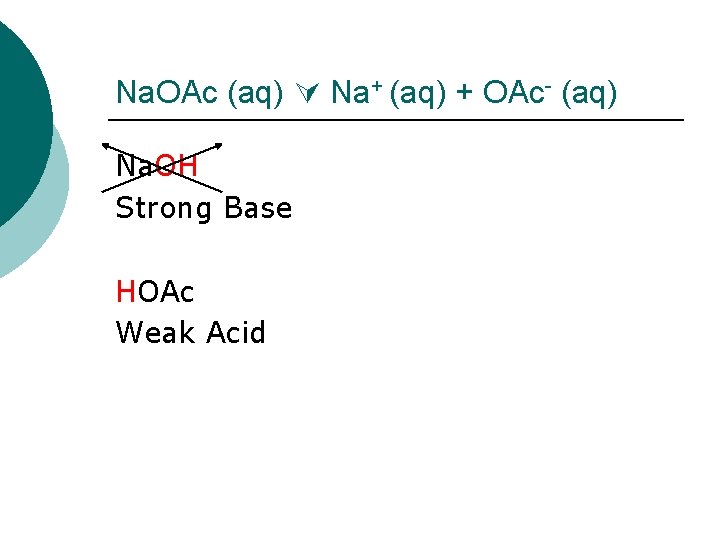 Na. OAc (aq) Na+ (aq) + OAc- (aq) Na. OH Strong Base HOAc Weak