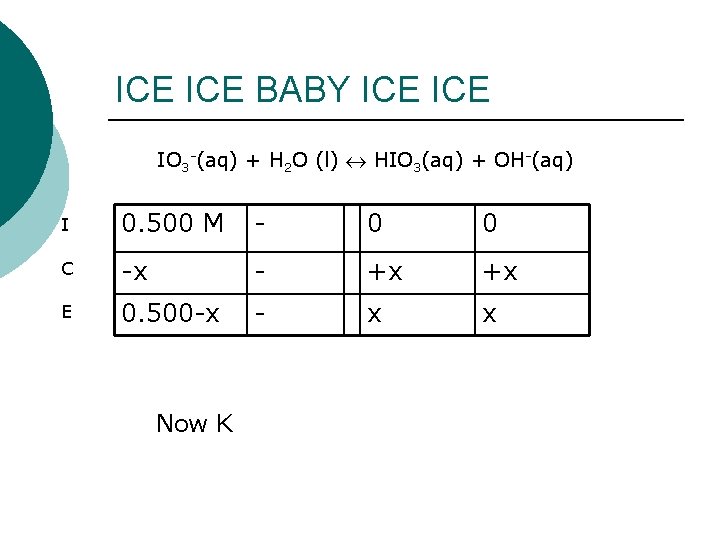 ICE BABY ICE IO 3 -(aq) + H 2 O (l) HIO 3(aq) +