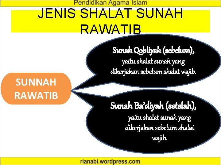 JENIS SHALAT SUNAH RAWATIB Sunah Qobliyah (sebelum), SUNNAH RAWATIB yaitu shalat sunah yang dikerjakan