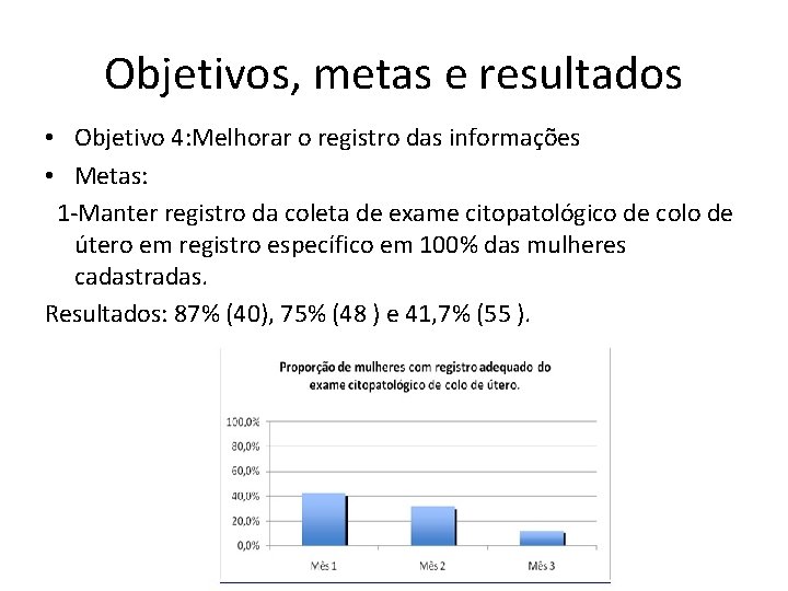 Objetivos, metas e resultados • Objetivo 4: Melhorar o registro das informações • Metas: