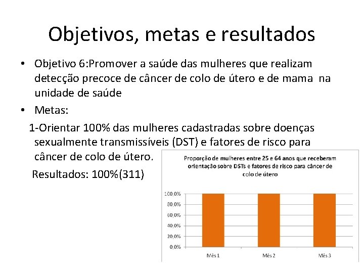 Objetivos, metas e resultados • Objetivo 6: Promover a saúde das mulheres que realizam