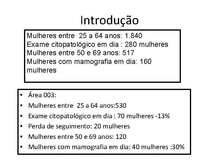 Introdução Mulheres entre 25 a 64 anos: 1. 840 Exame citopatológico em dia :