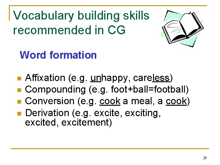 Vocabulary building skills recommended in CG Word formation n n Affixation (e. g. unhappy,